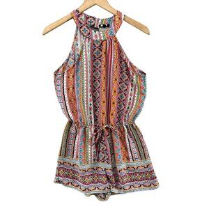 BeBop Boho Romper Womens Multicolor Printed Halter Tie Waist Sleeveless 2" Sz M